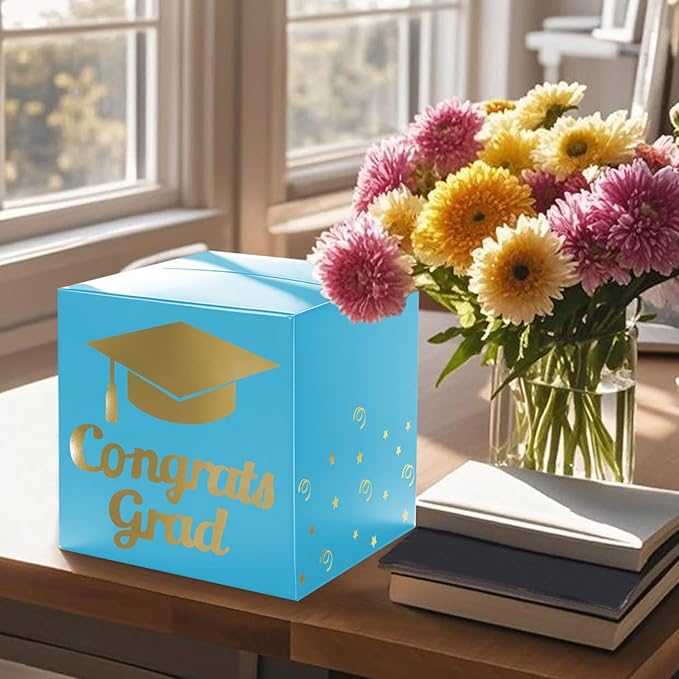 Graduation Card Box Holder, Congrats Grad Foldable Cardboard Decorations Box for Graduation Party Decoration and Grad Parties (Sky Blue)
