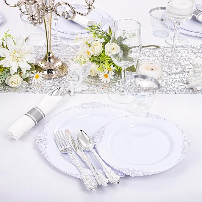 Liacere 350PCS Silver Plastic Plates&Pre Rolled Napkins for 50 Guests - Plastic Dinnerware Sets 100Silver Disposable Plates, 150Silver Silverware, 50Cups and 50Napkins for Christmas