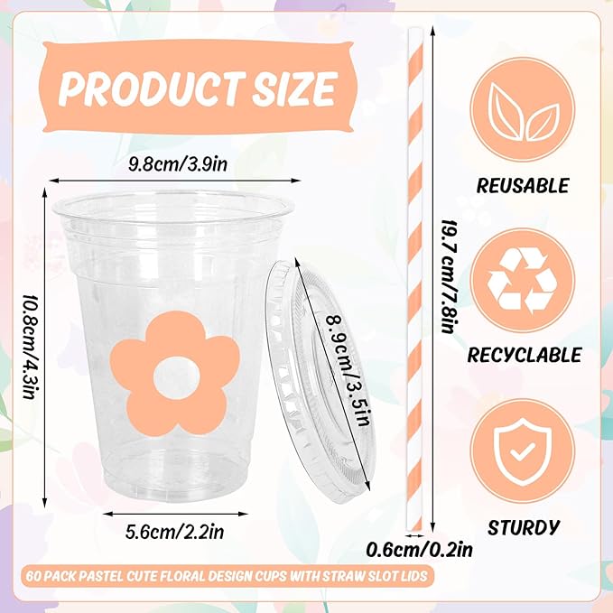 Whaline 60Pcs 12Oz Flower Disposable Plastic Cups with Lids and Straws Cute Pastel Floral Cold Beverage Drinking Cups for Spring Summer Wedding Birthday Baby Shower
