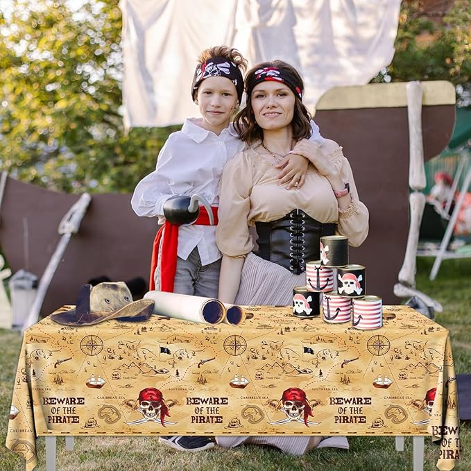 HAKOTI 3Pcs Pirate Tablecloth - Treasure Map Table Cover for Birthday Party Decoration, Navigation and Adventure Supplies - Disposable Beware of the Pirate Theme