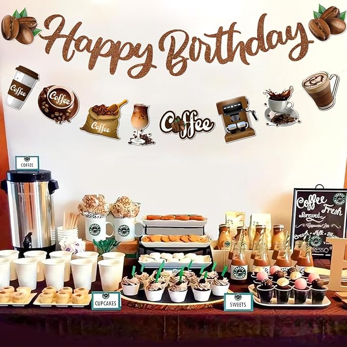 Zwiebeco Brown Coffee Happy Birthday Party Decoration Banner Bunting Garland Hanging Paper for Boys Girls Men Women Adults Cafe Coffee-Themed Birthday Decor Accessories Supplies