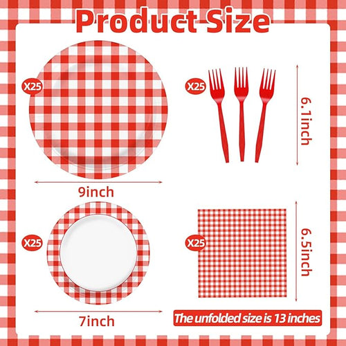 100 Pcs Red White Gingham Party Supplies Set, Serves 25 – Disposable Checkered Paper Plates, Napkins, and Forks, Classic Picnic Themed Tableware for BBQ, Outdoor, Birthday, Holiday Party Decorations