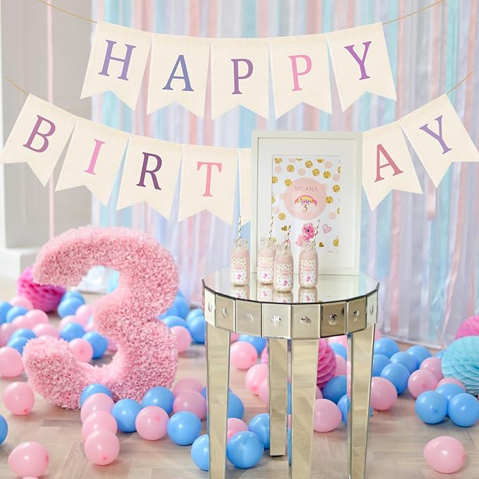 Doumeny Happy Birthday Burlap Banner Boho Birthday Garland Bunting Purple Pink Bohemian Party Hanging Banner White Happy Birthday Sign Flag Colorful Birthdays Bunting Garland for Home Mantel Fireplace