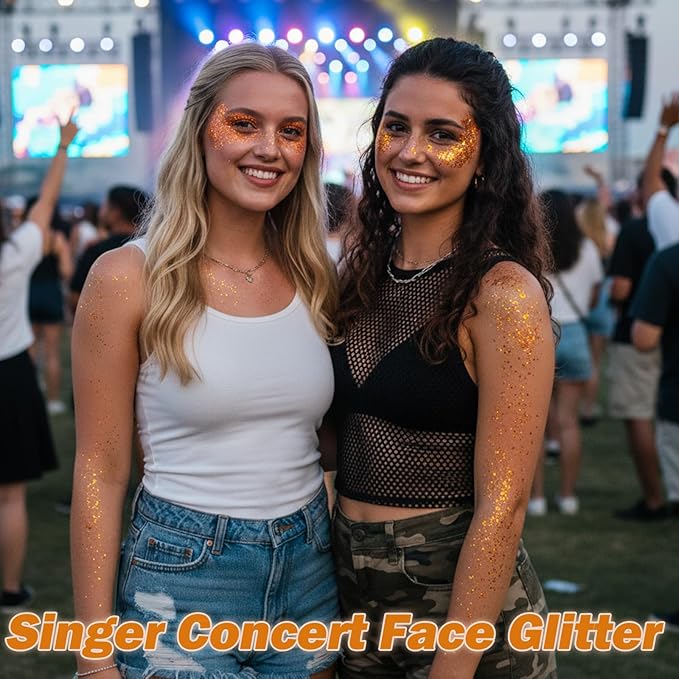 Orange Face Hair Glitter,Cheer Holographic Orange Body Glitter,Rave Music Carnival Festival Singer Concert Accessories for Women,Halloween Cosplay Shimmer Makeup