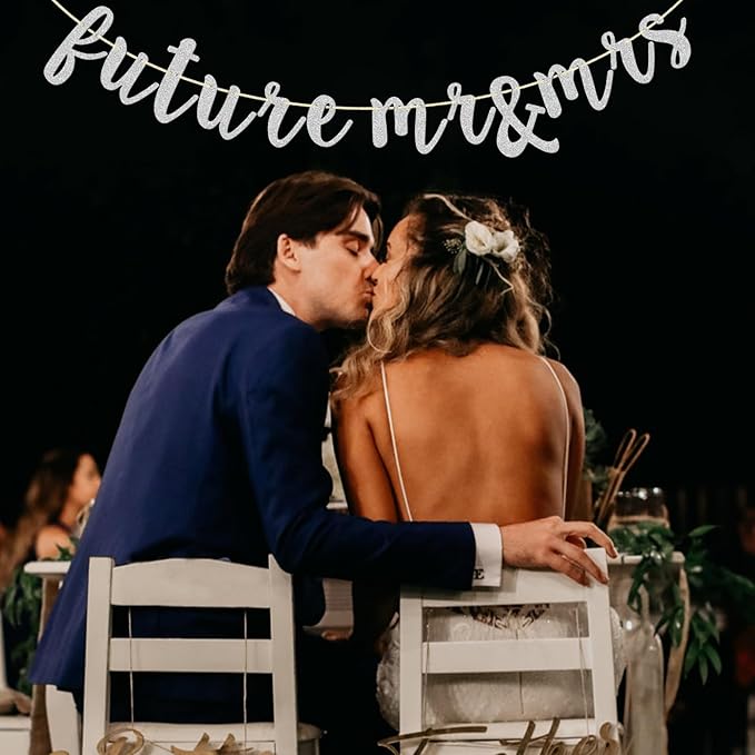 Future Mr & Mrs Banner, Engagement Decorations for Bridal Shower, Bride and Groom Party Pre-Strung (Silver Glitter)