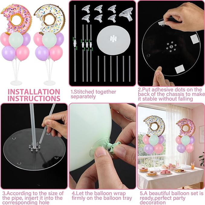 Donut Party Balloons Stand Kit 2 Sets with 2 Donuts Foil Balloons Sweet Donut 1st Party Balloon Centerpieces for Tables for Doughnut Theme Birthday Decorations