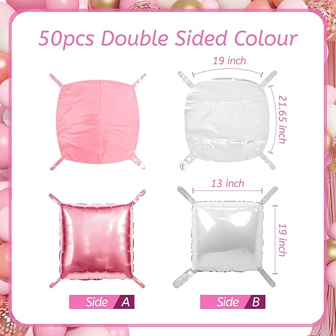 50PCS Pearl Pink and White Square Foil Balloon Wall, 19'' Reusable DIY Mylar Double Side Balloons Garland Tunnel Arch Kit for Anniversary Baby Shower Bachelorette Birthday Engagement Bridal Decor