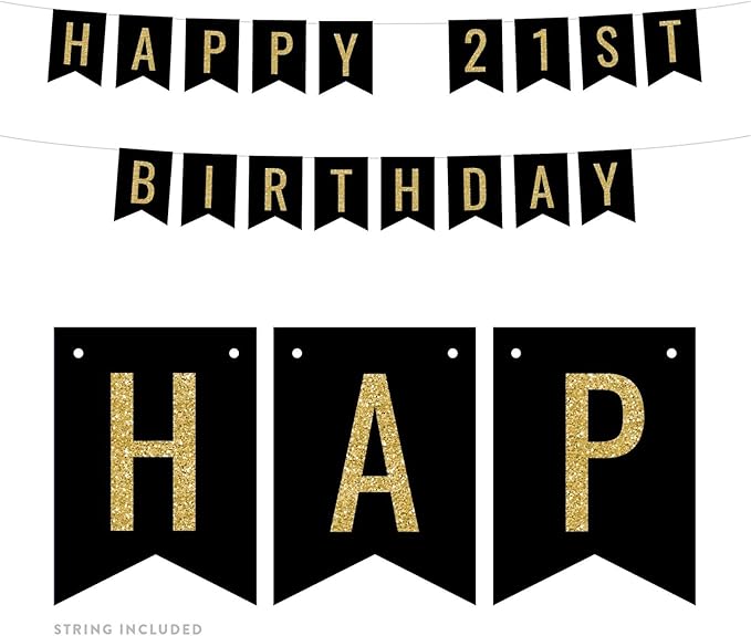 Andaz Press Faux Gold Glitter on Black Birthday Party Banner Decorations, Happy 21st Birthday, Approx 5-Feet, 1-Set, Colored Hanging Pennant Decor