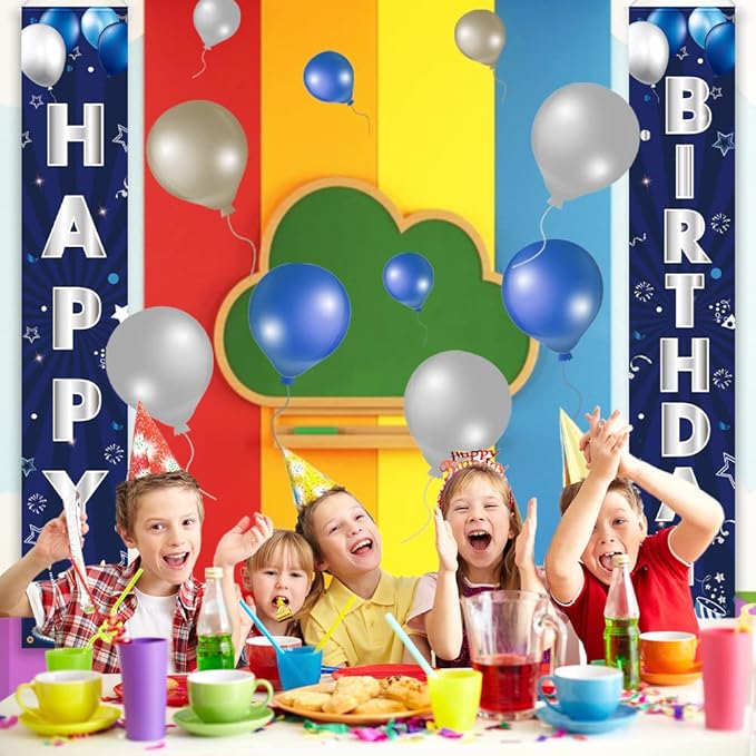 Blue Silver Birthday Decorations Banner, Happy Birthday Door Sign, Polyester, 72 x 12 Inch, for Men Women Boys Girls, Reusable, Ideal Party Supplies