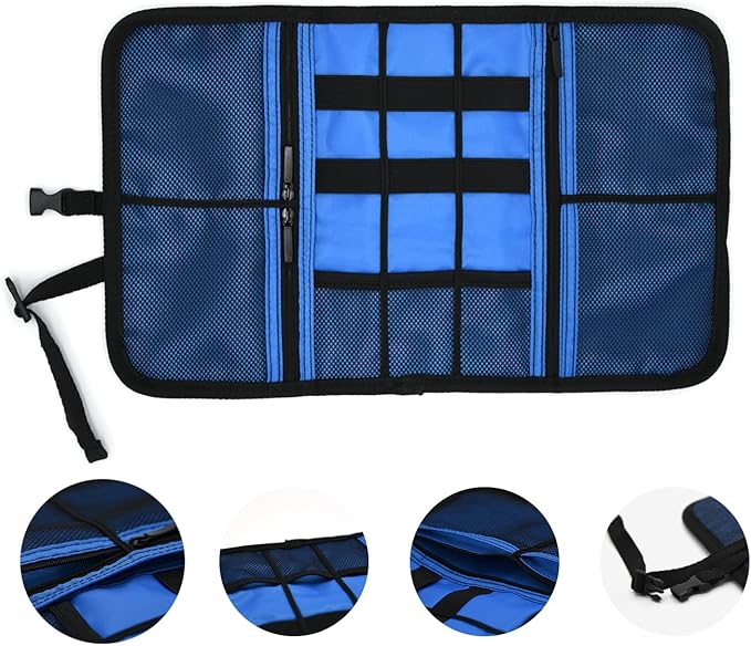 Patu Roll Up Electronics Accessories Travel Gear Organizer Case, Portable Universal External Batteries Hard Drives Cables Cosmetics Kit Bag, Navy