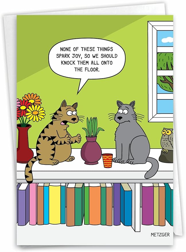 NobleWorks - 1 Funny Animal Card for Birthdays - Pet Cat and Dog Humor, Birthday Notecard with Envelope - Cat Spark Joy C7297BDG
