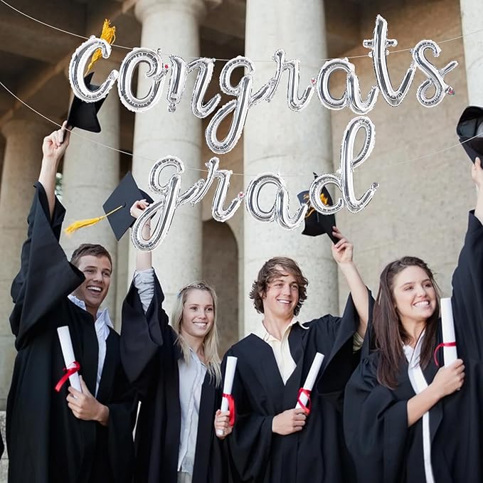 TONIFUL 2026 Congrats Grad Balloons - 16 Inch Cursive Silver Congrats Foil Balloons Banner Reusable Material for Graduation Party Graduate Congratulations 2026 Congrats Grad Decorations