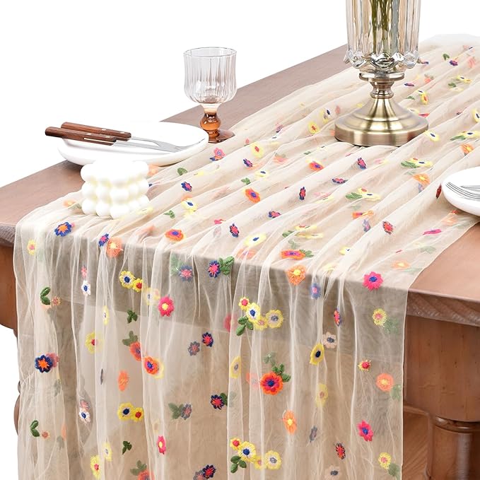 Joanlody 6pcs Champagne Embroidery Daisy Spring Summer Table Runner Florals Seasonal Easter Tulle Table Runner Holiday Kitchen Dining Table Decoration for Home Party Indoor