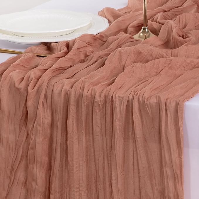 Socomi 10pcs Dusty Rose Easter Spring Cheesecloth Table Runner Boho Rustic Gauze 120 inch 10FT Cheese Cloth Runner for Wedding Party Baby Shower Birthday Home Decor Holiday Decorations