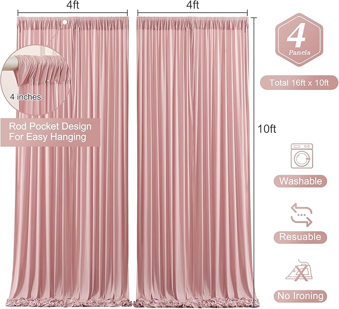 Rose Backdrop Curtains-Wrinkle-Free Polyester Photography Drapes Party Curtain Background for Baby Shower Wedding Decorations- 16 X10FT