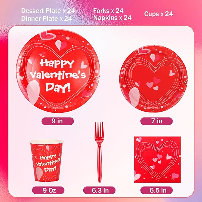 Atonofun Valentines Day Party Supplies, Valentines Day Plates and Napkins Set, Disposable Valentines Plates, Cups, Napkins and Forks for Valentine's Day, Engagements, Anniversary Party Serves 24