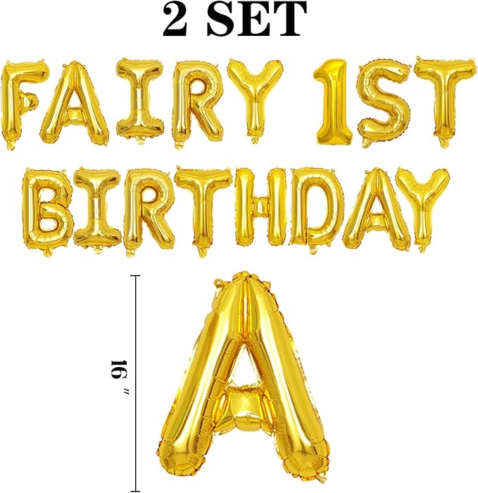 2 Set 32Pcs Gold Fairy 1st Birthday Letter Balloons 16in Foil Decorations Party Decor Supplies