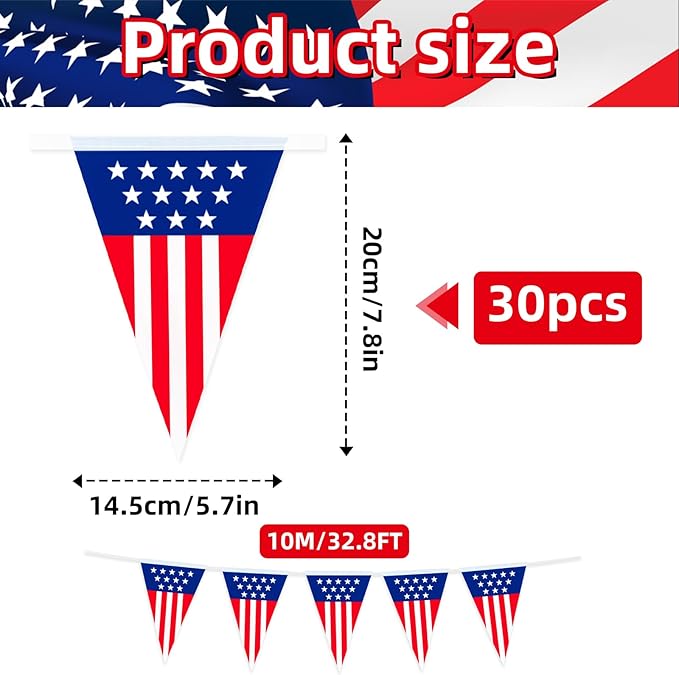 32.8 ft American Triangle Pennant Banner, 30 Pcs Mini USA Bunting Flags | Red, White, Blue Patriotic Flags for 4th of July, Independence Day, Memorial Day, Parades, Home, Yard, and Party Decorations