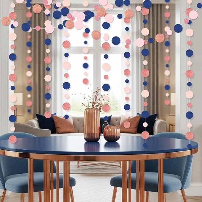 Outus 5 Pieces Blue,Pink,Rose Gold Round Dots Garland Easter Graduation Party Hanging Decor Each Length 13.1ft Glitter Paper Dot Streamers for Birthday Wedding Classroom