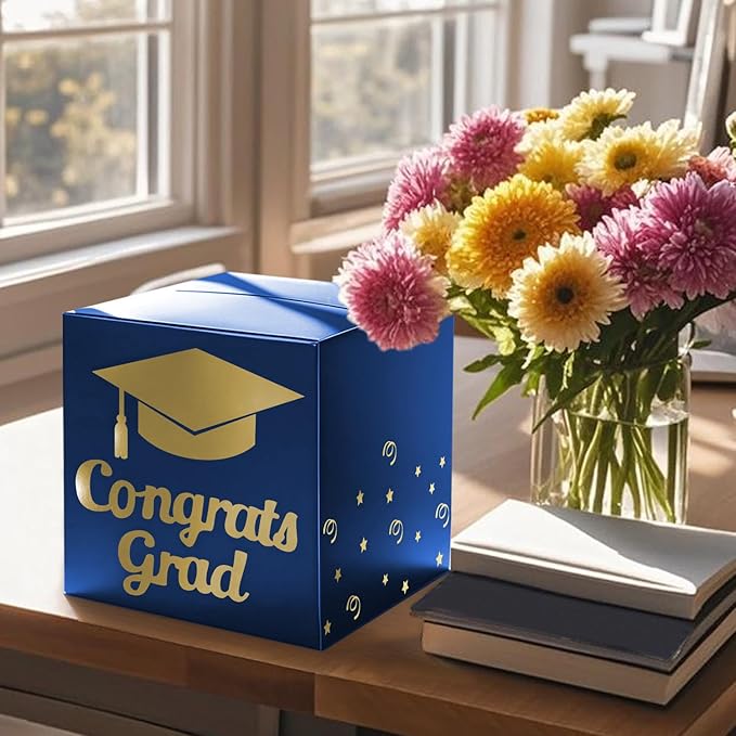 Graduation Card Box Holder, Congrats Grad Foldable Cardboard Decorations Box for Graduation Party Decoration and Grad Parties (Blue)