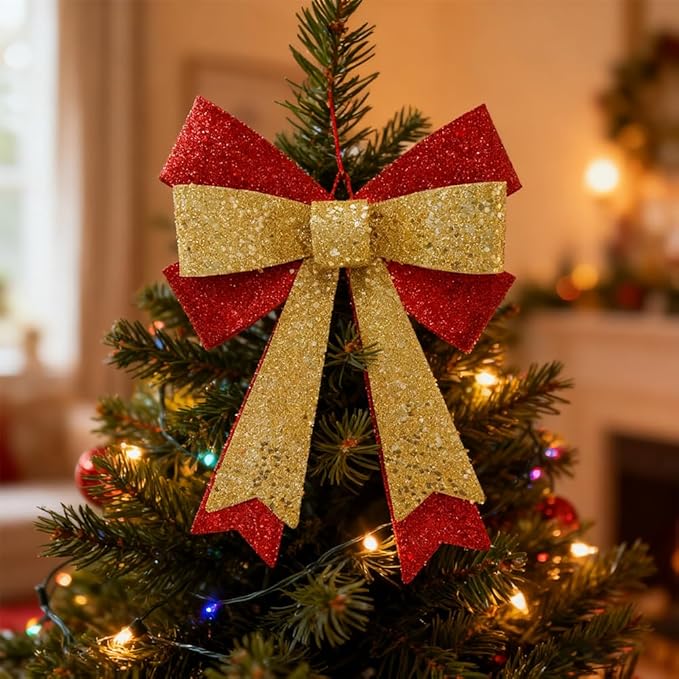 Metal Sparkly Christmas Red Bow Wall Decoration Hanging Xmas Red Bow for Wreath Christmas Tree Topper Ornaments Outdoor Indoor Christmas Decorations for Party Front Door Porch Home