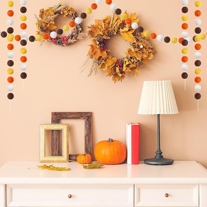 Boao 2 Pieces Wool Felt Ball Garland Colorful Pom Pom Garland Handmade 6.5 Feet Long 24 Balls Felt Banner for Wall Christmas Tree Decoration (Coffee,Ivory,Orange,Yellow)