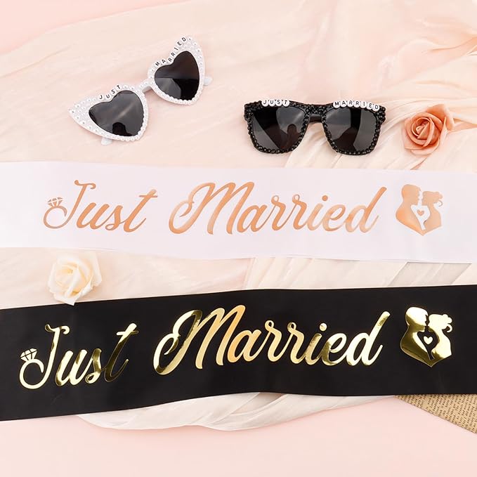 Just Married Bride and Groom Sunglasses and Sash for Just Married Wedding Party Decorations