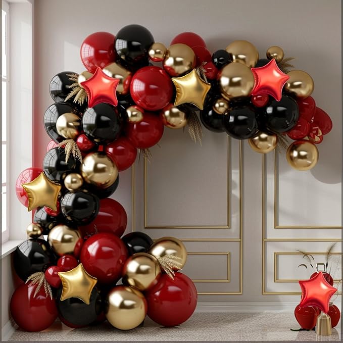Red Gold Black Balloon Garland Arch Kit, 160Pcs Black Red Gold Latex Balloons with Star Foil Balloons for Anniversary Casino Night New Years Hollywood Movie Night Birthday Party Decorations