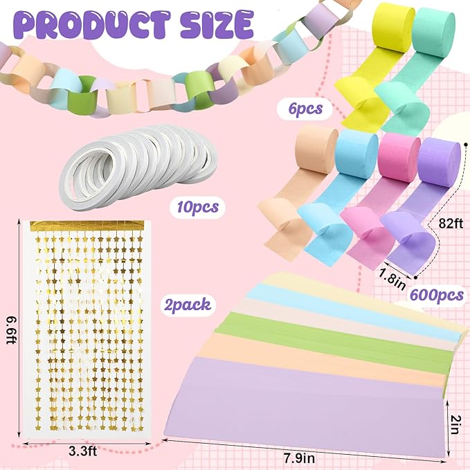 Gueevin Fancy Birthday Decorations Pastel 600 Sheets Paper Chain Garland 2 Pack Gold Star Curtains 492 ft Pastel Crepe Paper Streamers Party Decor for Rainbow Birthday Fancy Party Supplies