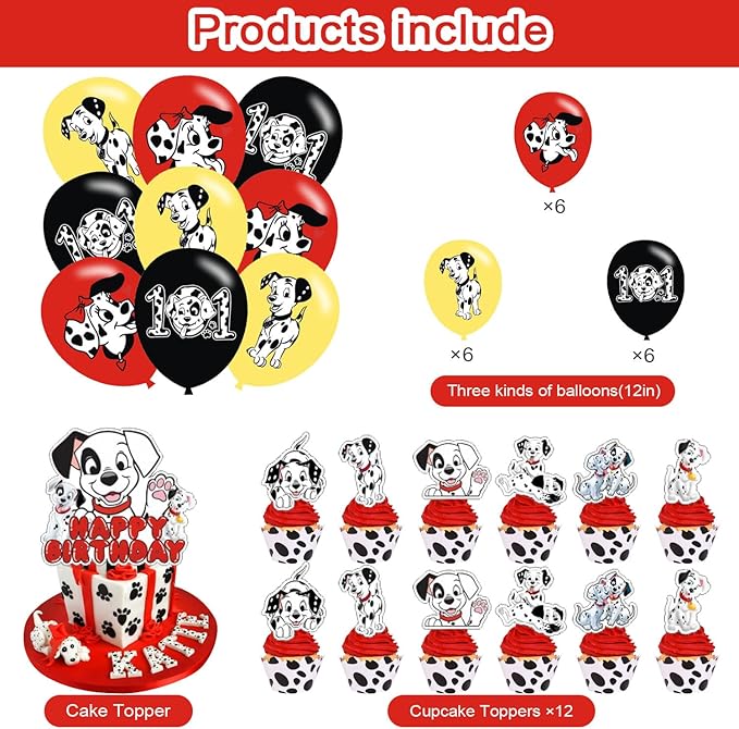 101 Dogs Birthday Party Supplies: Cake Caps, Cupcake Caps, Flags, Latex Balloons - Red, Black, White - Dog Themed - Includes 12 Cupcake Toppers, 1 Big Cake Topper, Banner, 18" Balloons
