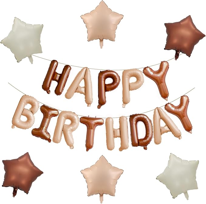 KALOR Brown and Beige Happy Birthday Balloons Kit with 16 Inch Mylar Foil Letters Balloon and Star Balloons for Birthday Party Decorations Photo Booth Backdrop
