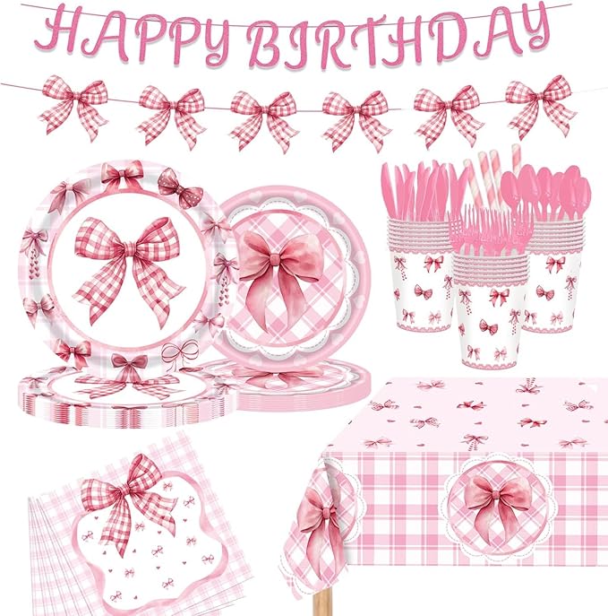 194PCS Pink Bow Plates Birthday Decorations for 24 Guests – GalaHub Coquette Party Supplies with Bow Cups, Cutlery, Tablecloth & Banner – Bow-Themed Party Decor for Girls & Women