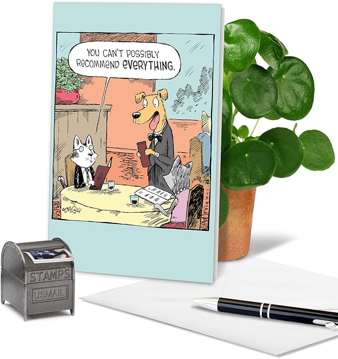 NobleWorks - 1 Humor Birthday Card with Envelope - Funny Cartoons for Birthday Greetings, Celebration Notecard - Waiter Recommendations C6954BDG