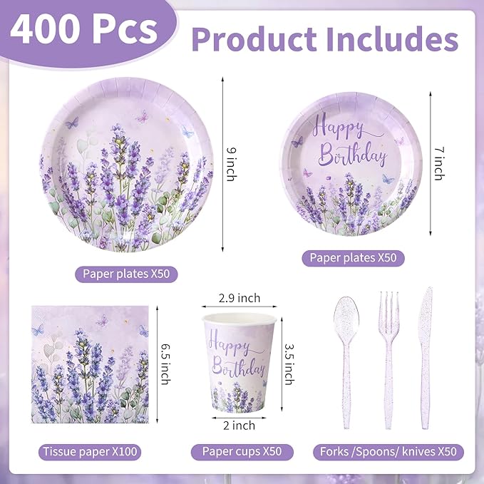 400 Pcs Purple Lavender Birthday Decorations for 50 Guests, Lavender Floral Butterfly Paper Plates Napkins and Cups Set with Cutlery, Lilac Tableware for Spring Birthday Party Supplies