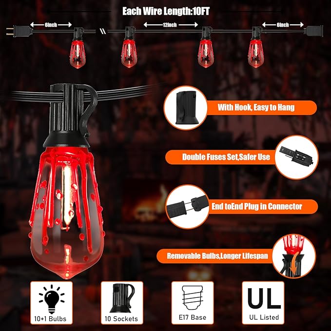 10FT Halloween Blood and Tear Decoration String Lights, ST40 Flickering Flame String Light with 10 Flame Blood and Tears Bulbs, Hanging Outdoor Halloween Lights for Patio Garden Party Backyard