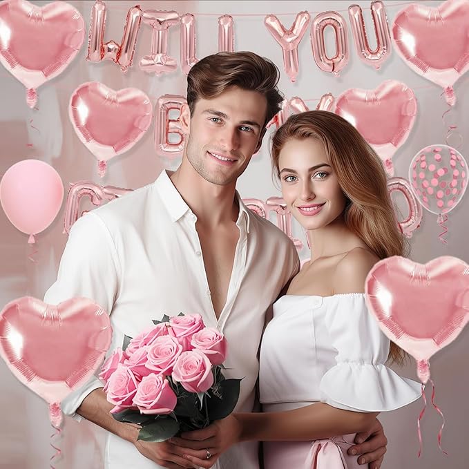 2 Set 16 Inch Rose Gold 'Will You Be My Girlfriend' Balloons Banner with 6 Heart Shaped Balloons for Romantic Decorations, Engagements, Anniversaries, Valentines Day Decor