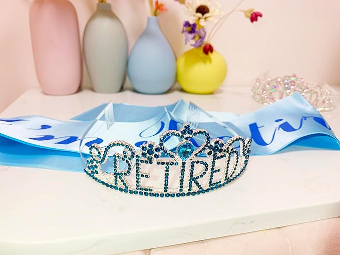 JETKONG Retirement Party Decorations Retired Tiara/Crown, Retired Sash for Women Retirement Gifts, Retirement Party Supplies, Gifts, Favors (Light Blue)
