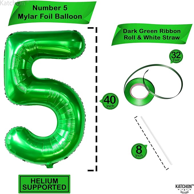 KatchOn, Big, Green Five Balloon Number - 40 Inch | Green Number 5 Balloon, 5th Birthday Decorations for Boys | Number Balloons for Happy Anniversary Decorations | Dinosaur birthday decorations