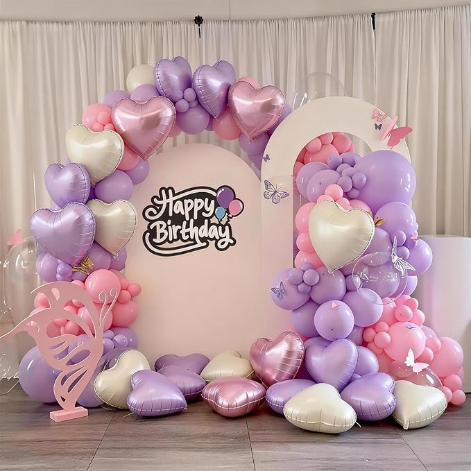 Pink Purple Heart Balloons, 12 Pcs Light Pink Lavender Cream Heart Shape Foil Balloon, 18 Inch Pastel Lila Beige Helium Balloon for Baby Shower Girl Women Birthday Wedding Bridal Valentine Party Decor