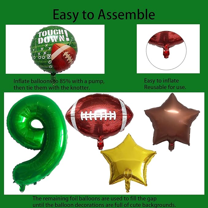 Football Balloons Foil Football Birthday Decorations Balloons Green Number 9 Balloon Gold Brown Star Touchdown Ballons for Rugby Birthday Decorations Sports Ballons Arch Kits Party Balloon Sets 9pcs