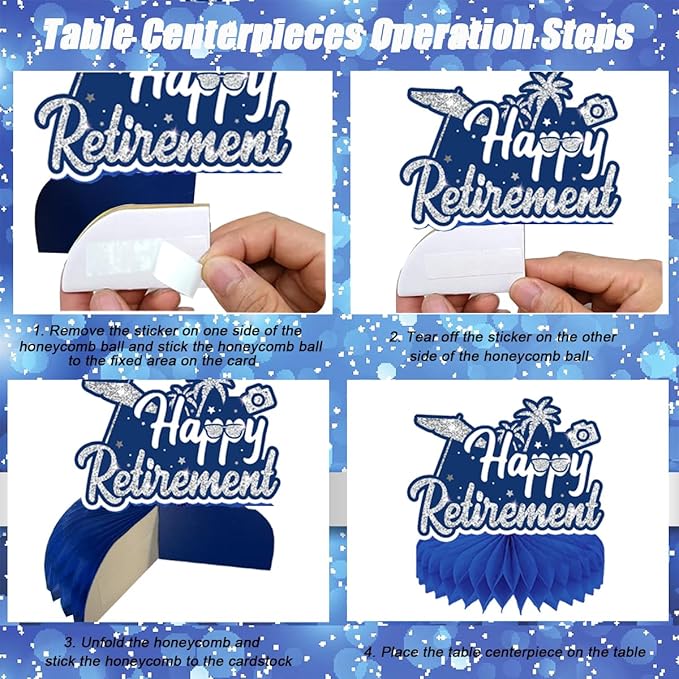 Happy Retirement Party Decorations Men Women, Blue Silver Retirement Party Decorations, Happy Banner, Backdrop, Hanging Swirls, Honeycomb Centerpiece