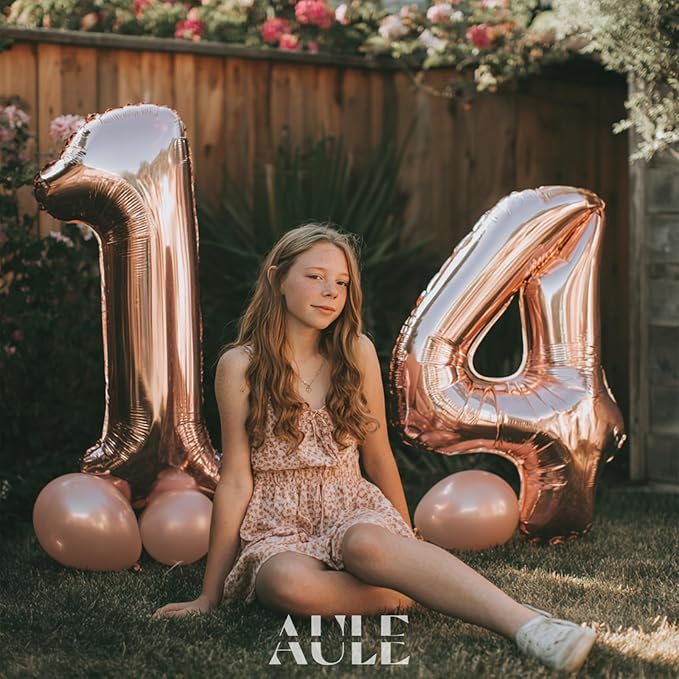 AULE 40 Inch Large 14 Balloon Numbers Rose Gold Big Foil Number Balloons Giant Helium Happy 14th Birthday Party Decorations fo Girl Huge Mylar 41 Anniversary Supplies