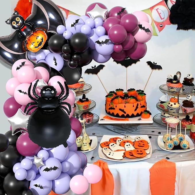 Halloween Balloons Garland Kit, Black Wine Red Balloons Arch Kit with Spider Bat Pumpkin Skull Foil Balloon, Pink Purple Macaron Balloons with 3D Fake Bats For Halloween Party Home Garden Decorations