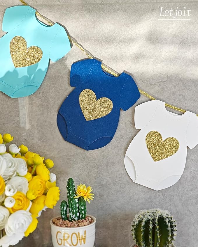 Blue Baby Shower Paper Garland Short-Sleeve Bodysuits Clothesline Garland Gender Reveal Birthday Banner Baby Outfit Pre - Strung Paper Decorations 9 pcs