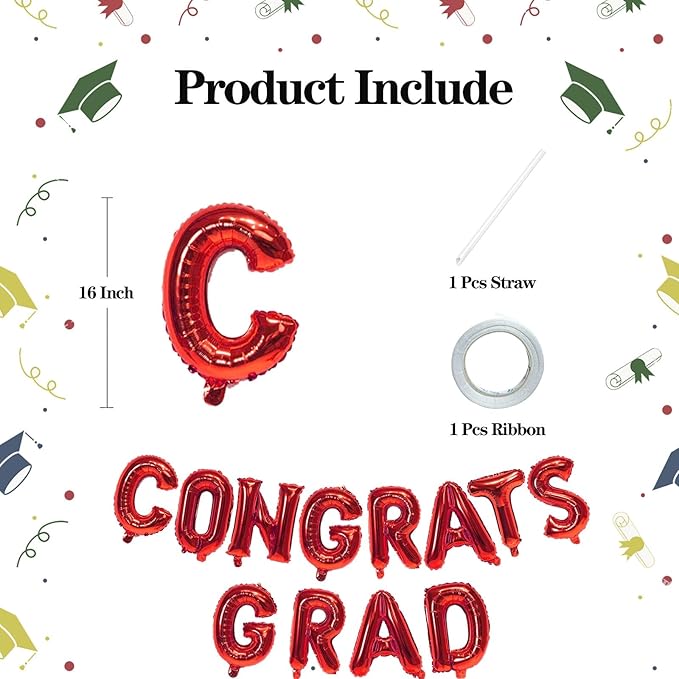 KALOR 16 Inch Red Congrats Grad Banner Balloons, Red Congrats Grad Letters Sign, Graduation Decorations 2026 for Graduation Party Decorations 2026