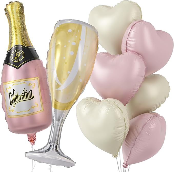 Champagne Balloons, Bachelorette Party Balloons with Champagne Bottle Glass Foil Mylar Balloon Pink Beige Heart Shaped Balloon for Engagement Birthday Bridal Shower Wedding Anniversary Decorations