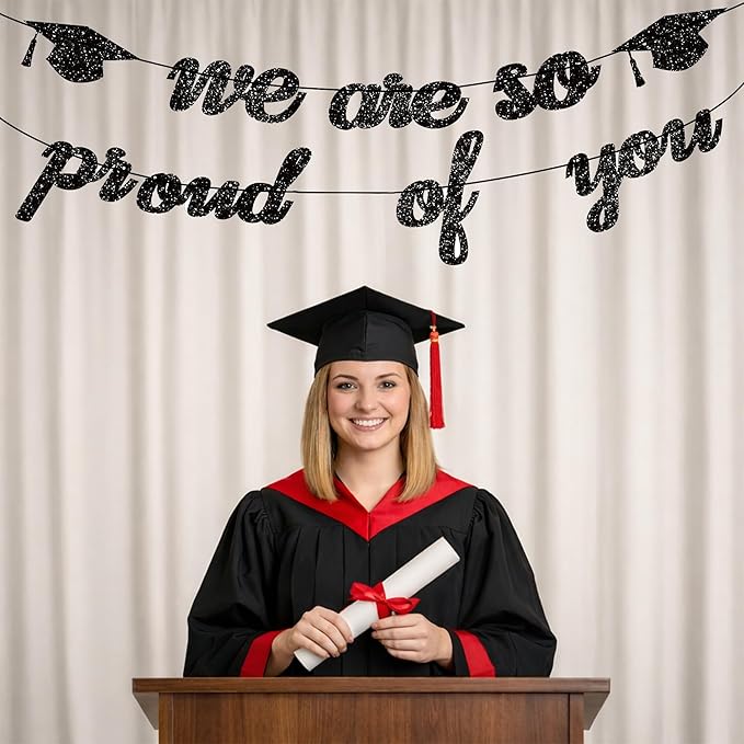 Graduation Decorations 2026 | Class of 2026 Graduation Banner, Black Glitter We are So Proud of You Grad Banner for Graduations Party Decorations Favors Supplies School Home Car Decorations