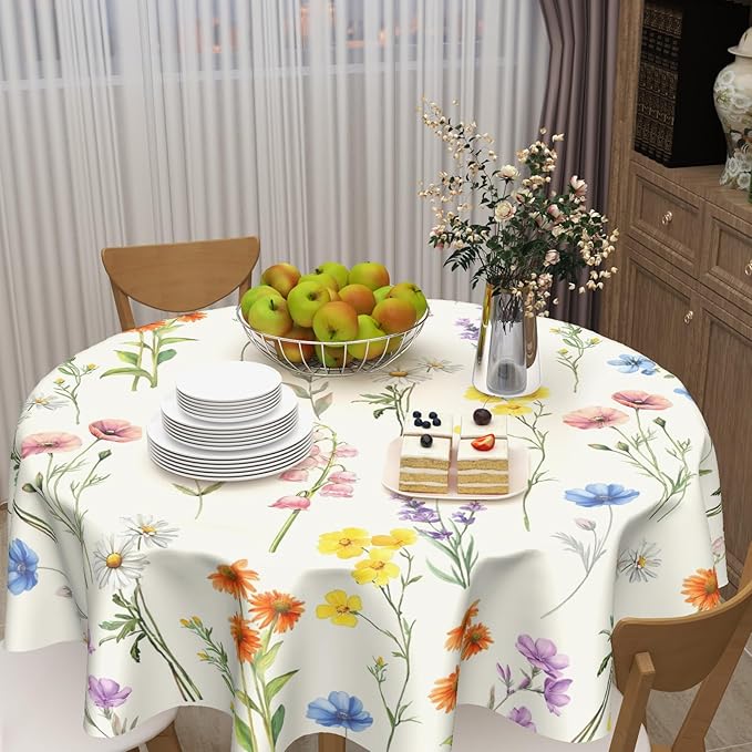 Spring Summer Round Tablecloth Colorful Floral Circle Table Cloth 70 Inch Farmhouse Table Cover Washable Polyester Indoor Decorations for Home Kitchen Dinning Party