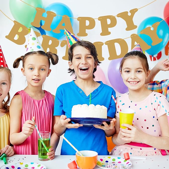 Gold Happy Birthday Banner Birthday Sign Backdrop Party Supplies for Kids Boys Girls Birthday Party Decorations