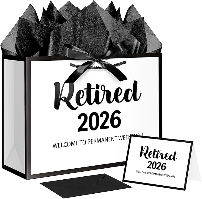 JWSCYSY Large White and Metallic Black Retirement Gift Bag with Tissue Paper, Retired 2026 Gift Bag with Greeting Card for Men Women Retirement Party Decorations Supplies